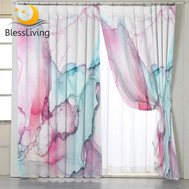 BlessLiving Alcohol Ink Curtain for Living Room Marble Style Bedroom Curtain Watercolor Blue Pink Window Treatment Drapes 1pc 1