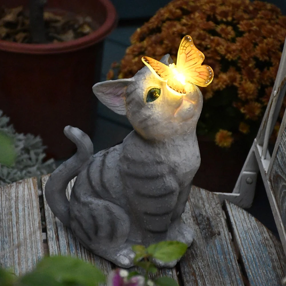 

LED Butterfly Cute Cat Statue Resin With Solar Light Gift Yard Art Office Indoor Outdoor Durable Kitten Sculpture Garden Decor