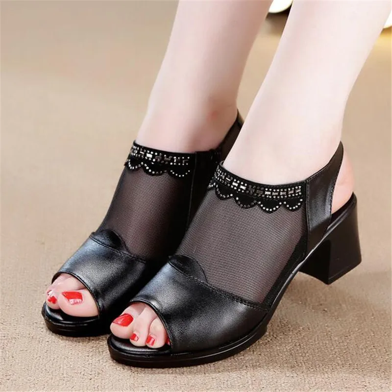 Hot Sales 2022 New Summer Hollow Genuine Leather Women Sandals Fashion Fish Head Comfortable Shoes High Heels 5 Cm | Обувь