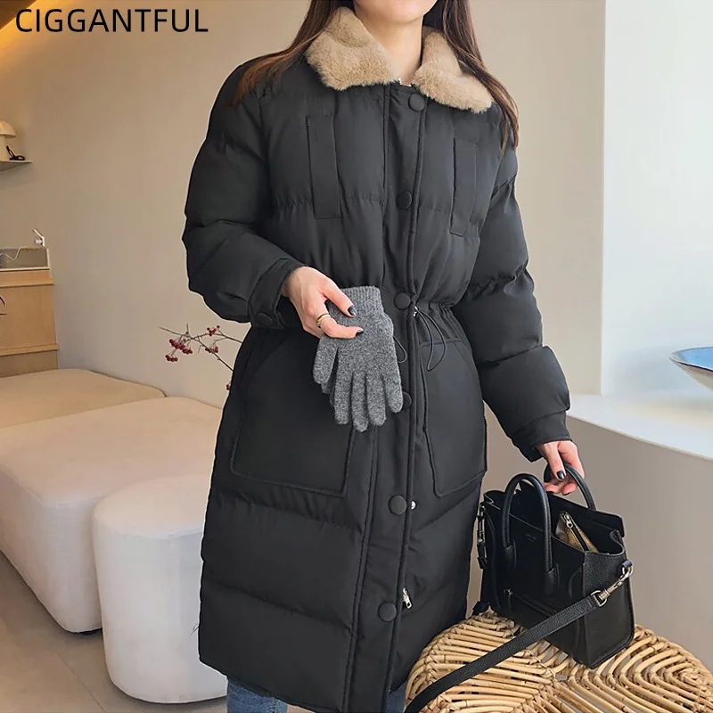 

Autumn Winter Plush Fur Lapel Single Breasted Drawstring Waist Long Sleeve Bread Cotton Coat Korean Chic Bubble Puffer Jacket