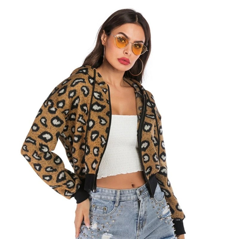 

Women Long Sleeve Hoodies Jacket Leopard Print Zipper Cropped Sweatshirt Coat M5TE