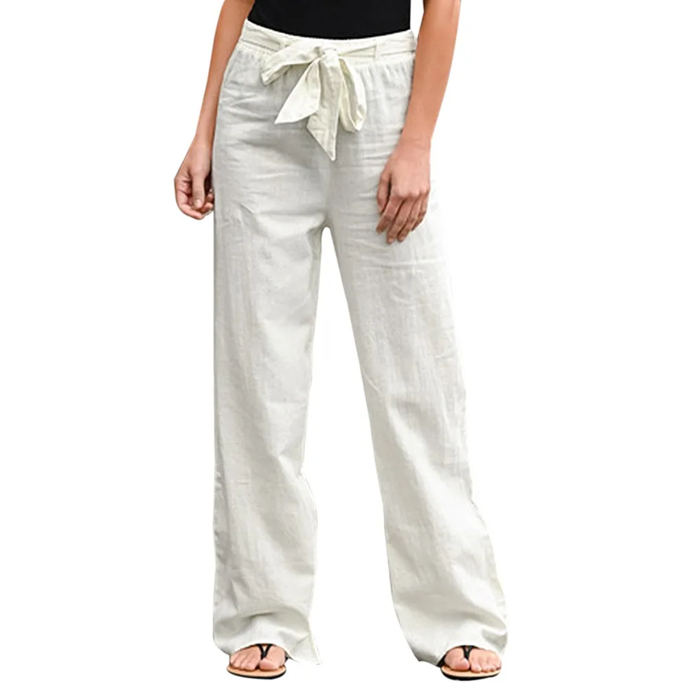 

Women's Cotton Linen Pants High Waisted Harem Loose Soft Elastic Waist White Summer Pants Blue Casual 2021 Trousers For Female
