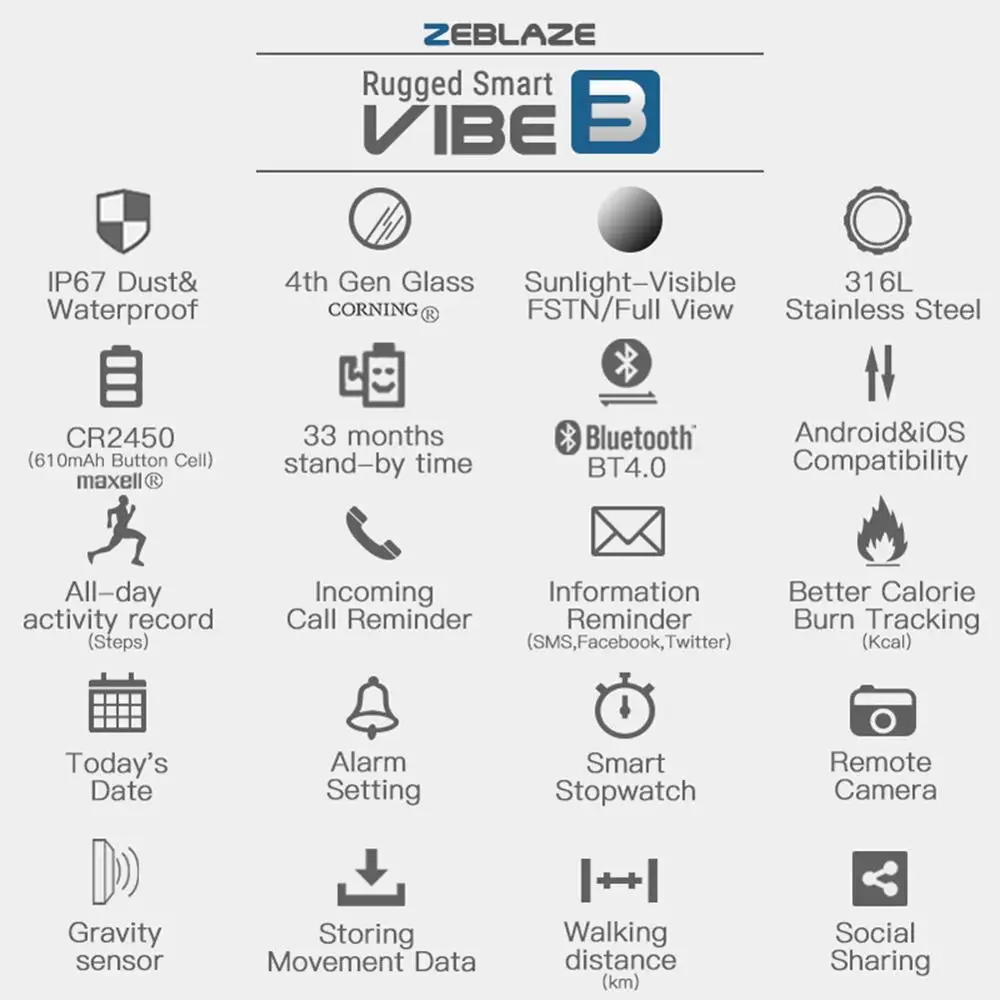 VIBE3 цветной сенсорный дисплей спортивные Смарт часы BT пульсометр IP67