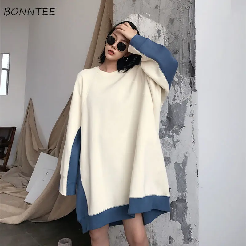 

Sweatshirts Women Patchwork Fall Korean Style Thicker Plus Size O-Neck All-match Pullovers Basic Loose Pregnant Popular Hoodies