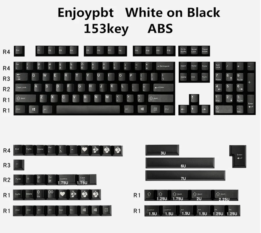 Колпачки для клавиш Enjoypbt белые на черные 153 клавиши из АБС пластика подходят