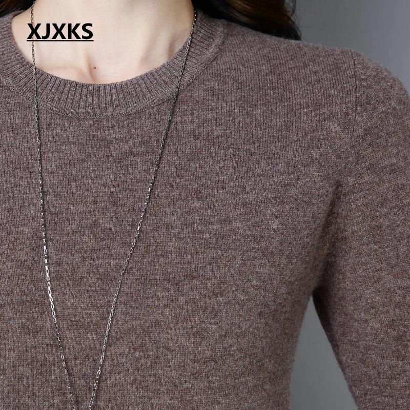 XJXKS Women Sweater Autumn 2020 Originality Knitted Casual Comfortable 100% Wool Long Dress Sweaters And Pullovers | Женская одежда