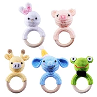 baby knitting crochet wooden ring sound rattle baby teether animal shape cartoon chewing teething education toy