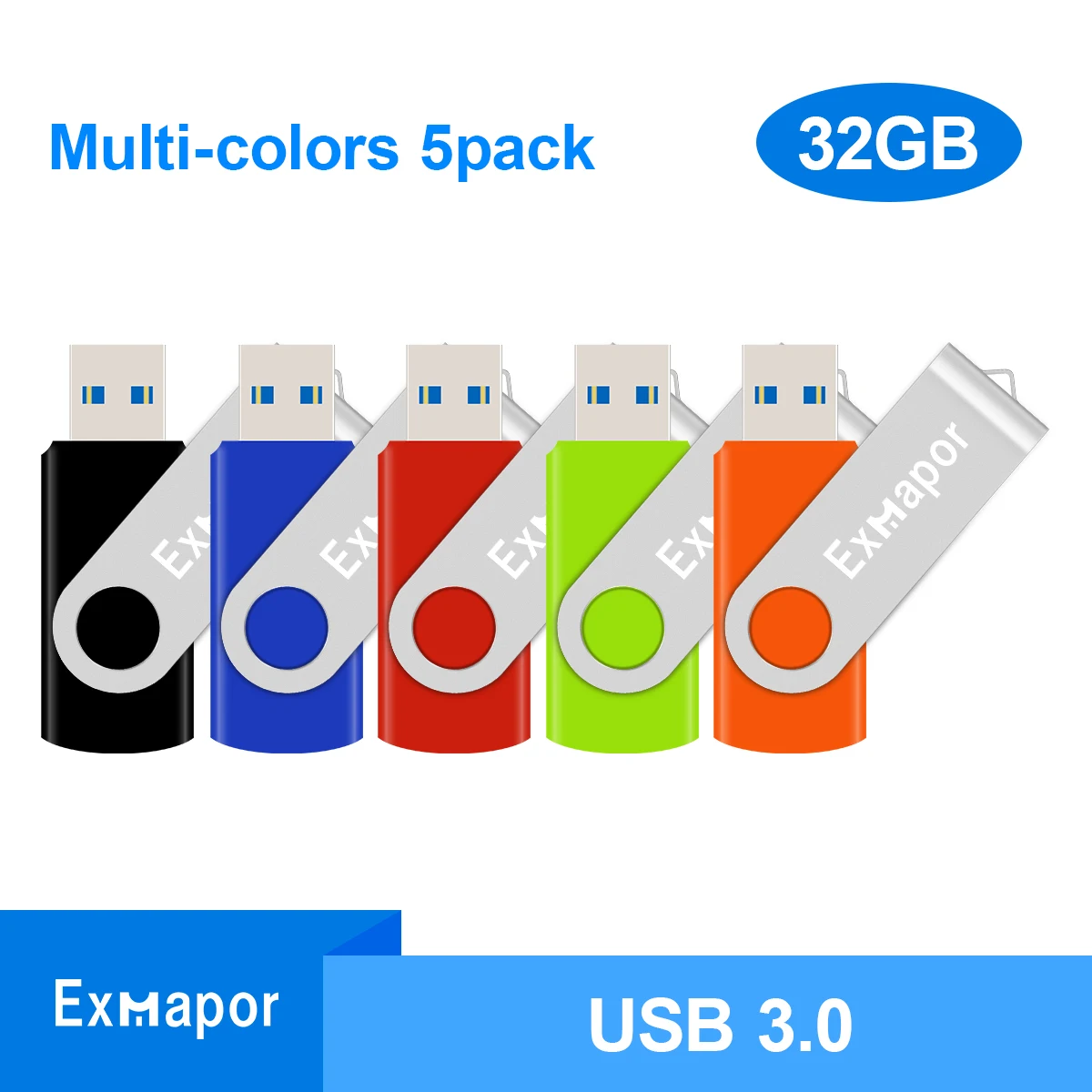 32GB Flash Drive 5 Pack, USB 3.0 Drive 32 GB Faster USB3.0 Exmapor Memory Stick Swivel Thumb Drives Zip Drive for Computer Mac