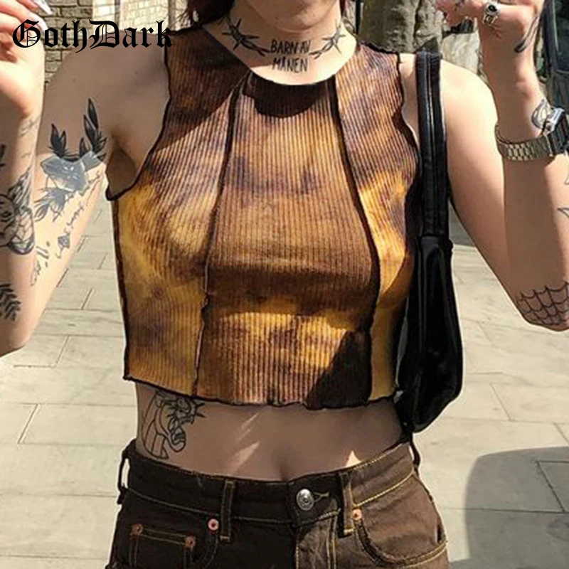 

Goth Dark Tie Dye Print Gothic Summer Tank Tops Women Harajuku Vintage Streetwear Crop Top Grunge Bodycon Ruffles Fashion Vests