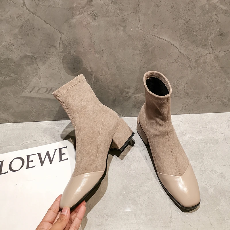 Женские ботильоны из бычьей кожи на высоком каблуке с квадратным носком|Женские