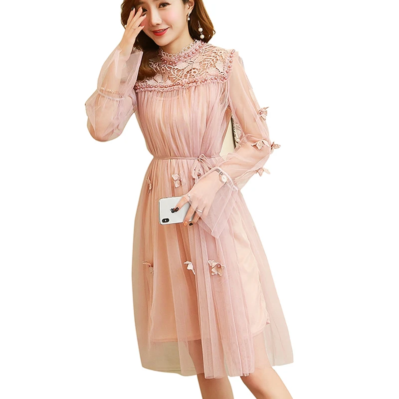 Кружевное платье-трапеция с длинным рукавом весеннее платье воротником-стойкой