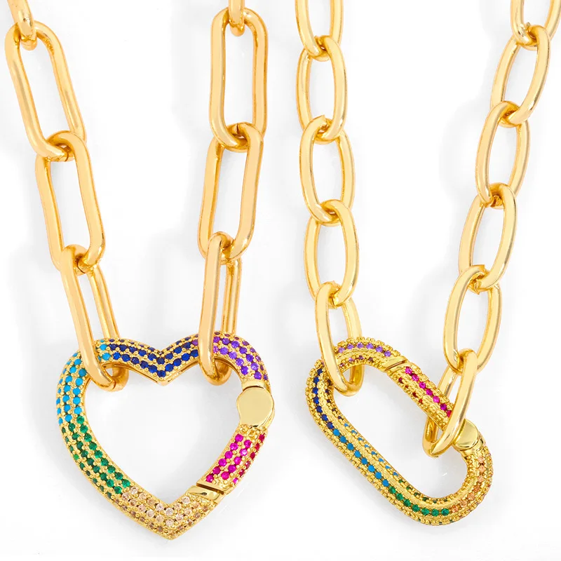 

Multicolor Zircon Geometric Heart Oval Pendant Necklace Men Rainbow Charm Gold Plated Thick Chain Hip Hop For Women Jewelry Gift