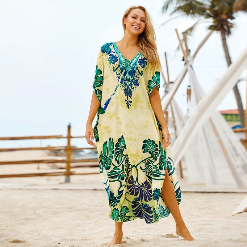Lace Up Detail At The Neckline Kaftan Beach Style Bathing Suits Airy Abaya Morocco Caftan Luxe Gown Foliage Floral Print Dresses