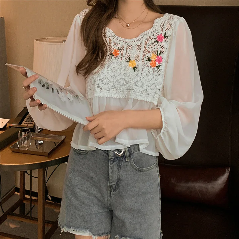 

2021 New Transparent Korean Loose Women Lace Blouse Female Bottoming Chiffon Blouses Cheaper Shirt Women Tops