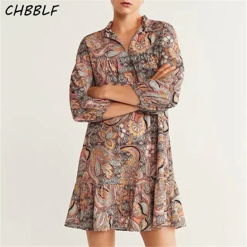 Женское мини платье с цветочным принтом воротником стойкой|Женские платья| |