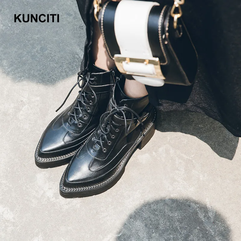 KUNCITI/; армейские зеленые ботинки на платформе; ботильоны с острым носком; теплая зимняя обувь на шнуровке; ботинки на не сужающемся книзу высоком массивном каблуке; D104