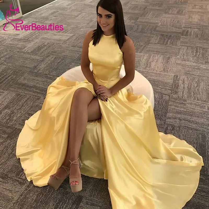 

Satin Prom Dresses 2020 Party Dresses Halter Neck Vestido Formatura Sexy Backless Robe De Soiree Side Slit Vestidos De Gala