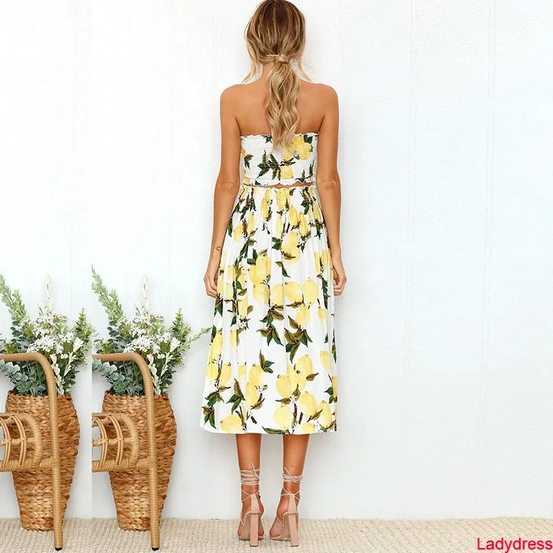 2020 new Women Flower Print Beach 2 Pcs Suits Backless Strapless Crop Top Elegant High Waist Long Skirt Summer Slim Casual Ladie