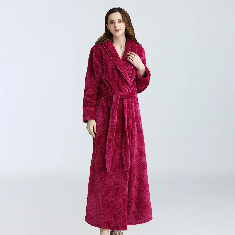 

Autumn And Winter Women Couples Waist Robe Coral Fleece Extended Bathrobe Belt Integrated Pajamas Nightgown