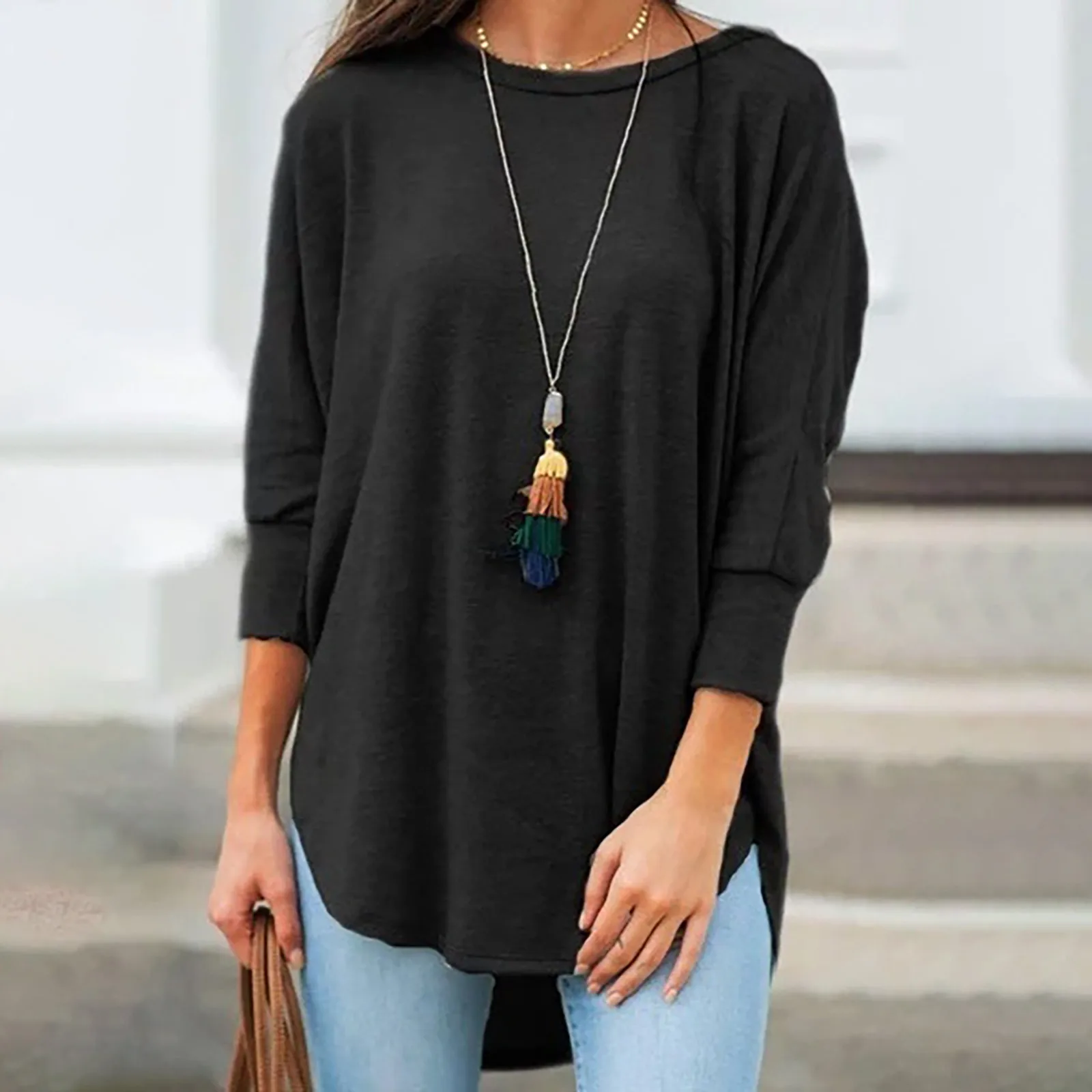 Зимняя модная женская футболка большого размера с длинным рукавом однотонные