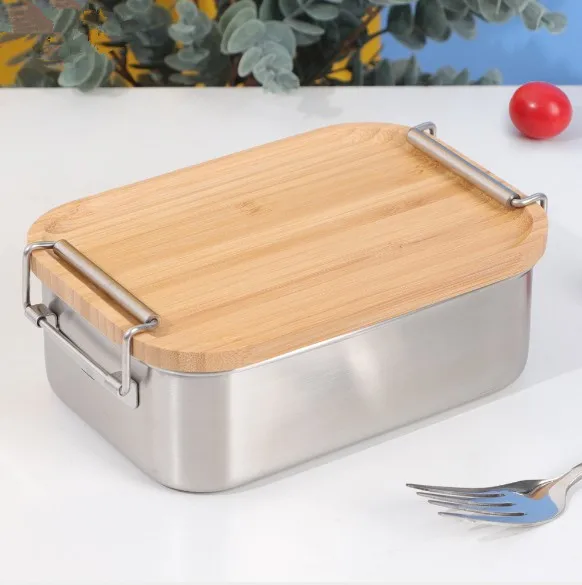 

304 Ланч-бокс Bento из нержавеющей стали с бамбуковой крышкой и зажимами дизайн 800 мл