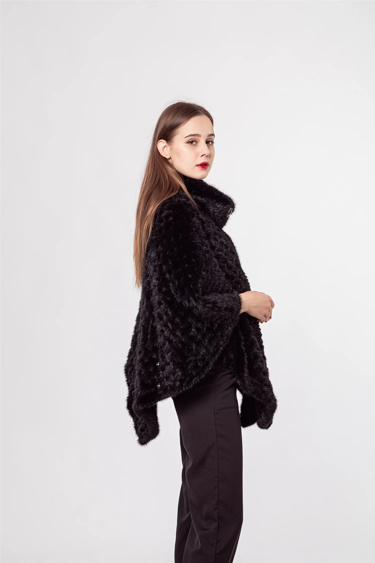 Женское натуральное Вязаное пончо из норкового меха с оборками и кисточками шаль