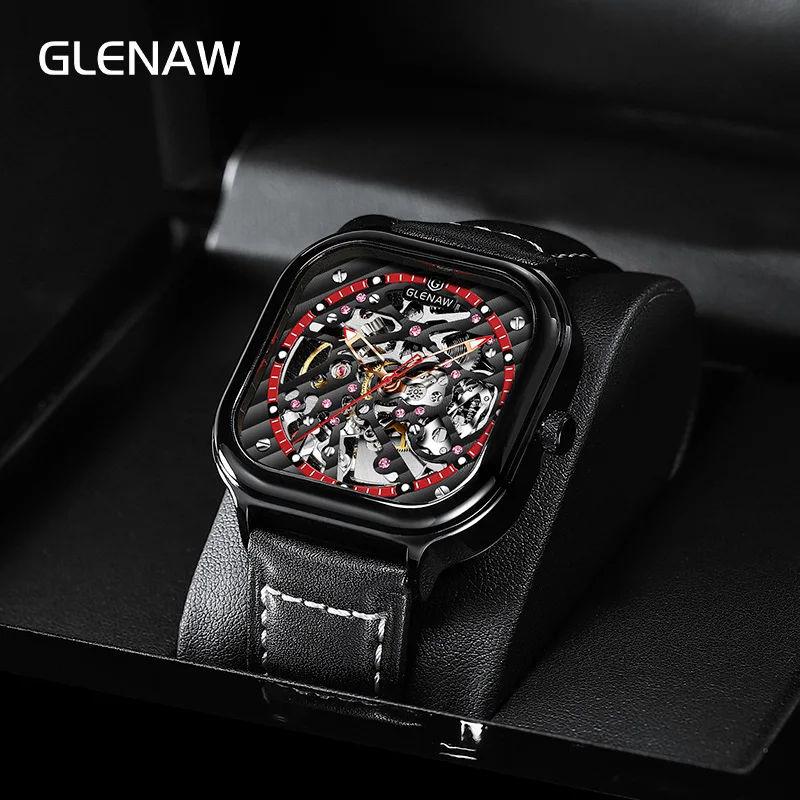 Relogio Masculino Men's Mechanical Watch Luxury Brand Automatic Square Hollow Leather Clock Montre Homme 2021NEW | Наручные часы