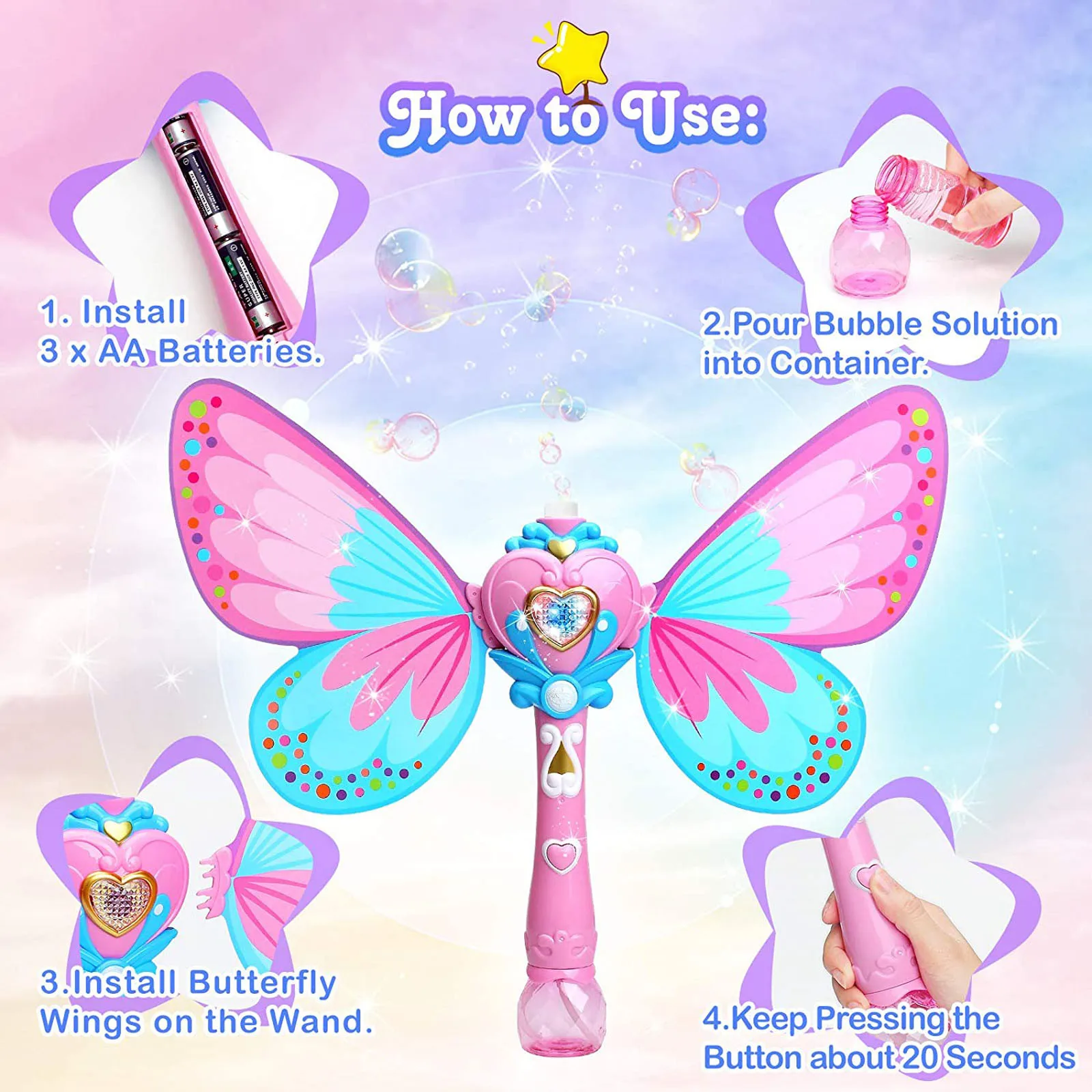 

Children's Butterfly Fairy Magic Bubble Wand Automatic Bubble Machine Birthday Wedding Party Blowing Bubble Toy Gift 100ML