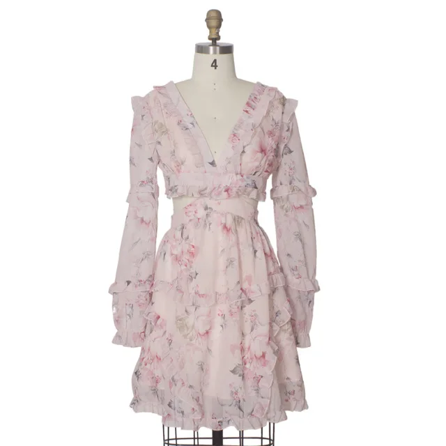 

2021 Spring Long Sleeve V Neck Pink Floral Print Dresses Hollow Out Ruffled Knee Length Chiffon Dress Women Cottagecore Vestidos