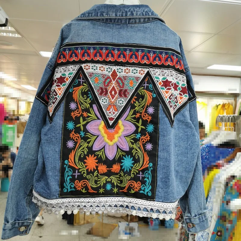 

2019 Heavy Industry Embroidered Beaded Bohemian Retro Travel Vacation Loose Denim Jacket
