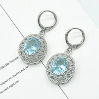 fashion silver color dangke earrings for women elegant blue aquamarine water drop round crystal wedding party jewelry gift