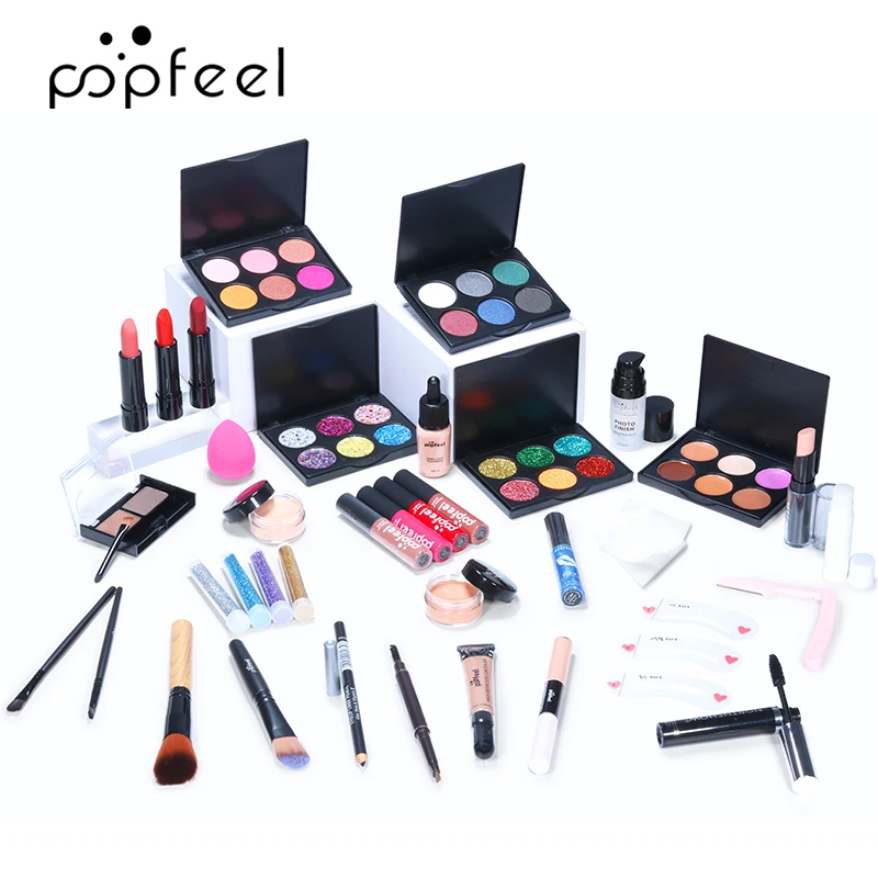 

POPFEEL 35pcs Makeup Set Matte Glitter Eyeshadow Pallete Professional Blush Eyebrow Powder Brushes Makeup Kit Cosmetics Kit Bag