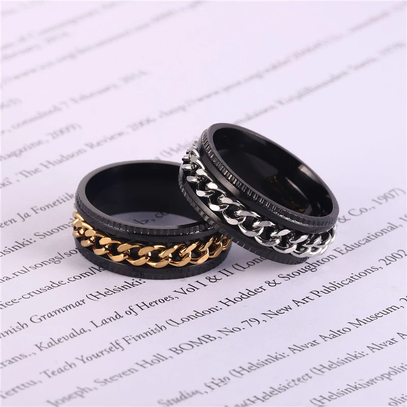 

Fashion cool man and beautiful woman stainless steel embossed rotatable chain ring ring casual party punk rotating ring jewelry
