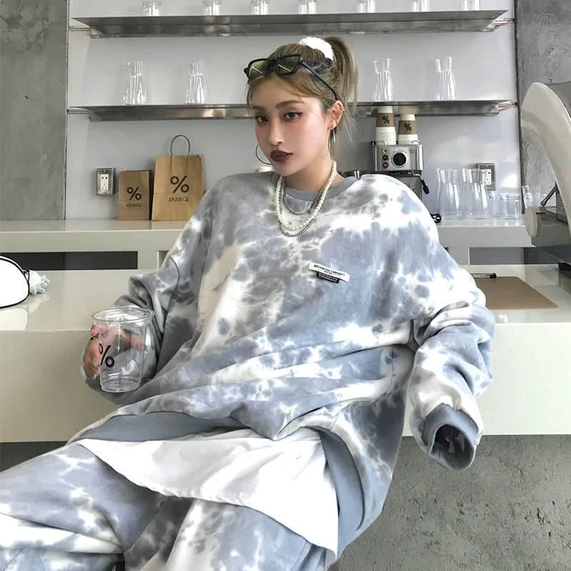 

Women Sports Suit Women's Tie-dye Sweatshirt Mid-length Loose Slimming Tops 2021 Autumn And Spring Trousers Two-piece Set