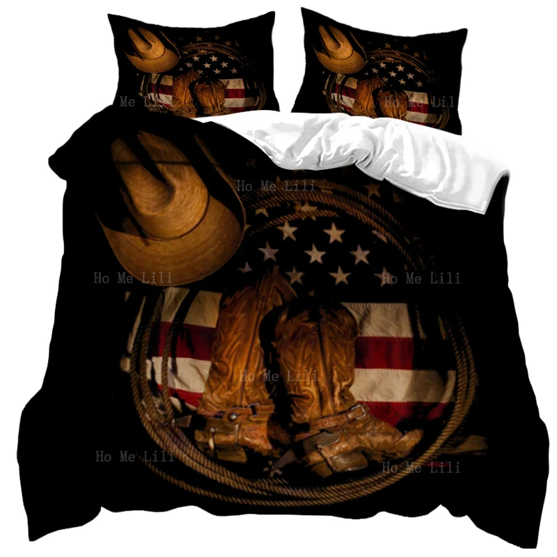 

USA Western Duvet Cover Set By Ho Me Lili Traditional Cowboy Hats And Boots On American Flag Pattern Decor Bedding