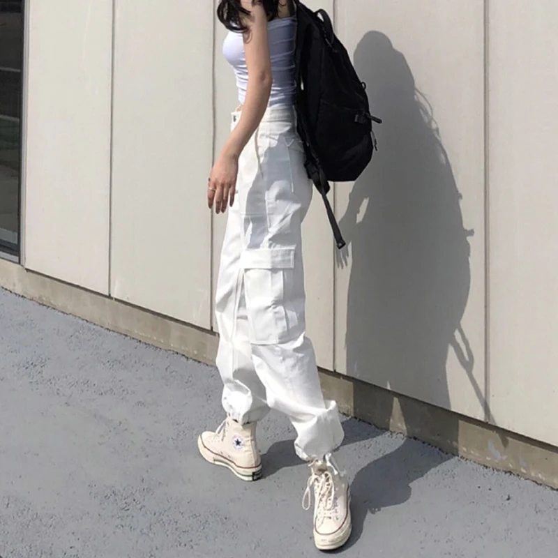 

Fashion Cargo Women's Pants Pocket White Streetwear High Waist Trousers Vintage Straight Harajuku Spring Autumn Casual Pant
