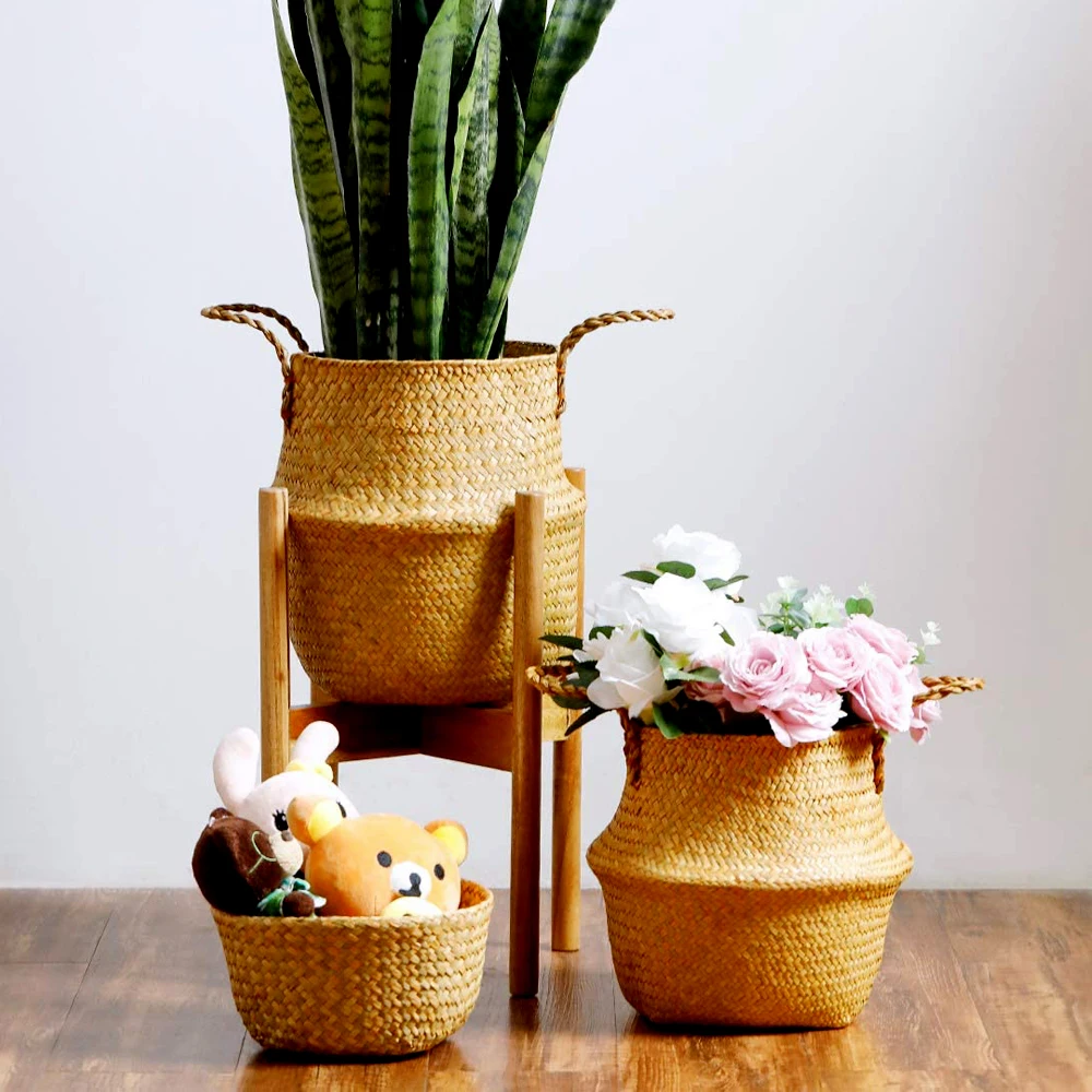 

Foldable Rattan Woven Flower Basket Seagrass Laundry Clothing Storage Basket Wicker Plant Pots Cover Decoration Straw Beach Bag