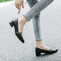 woman mary janes shoes brief shallow pearls thick high heels female belt buckle solid office ladies work dress pumps