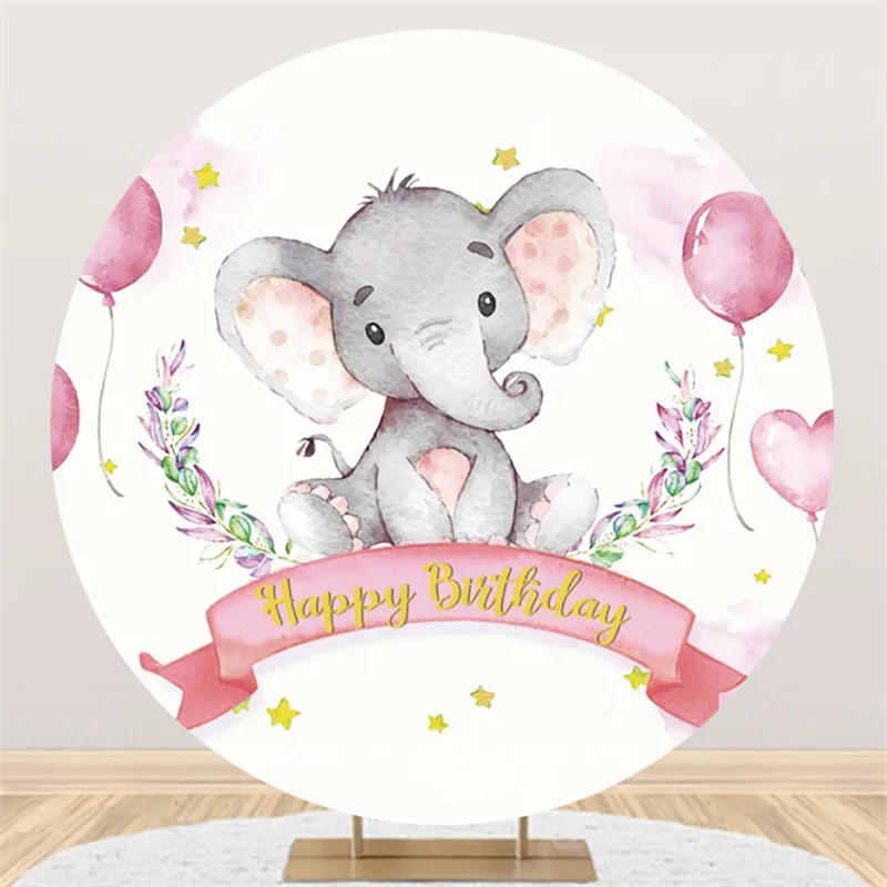 

Happy Birthday Background Circle Photo Backdrop Pink Balloon Elephant Newborn Girl Party Elastic Round Stand Cover Banner Decor