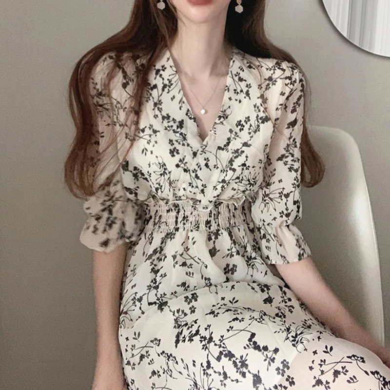 

2021 Women Retro Floral Dress Cross V Neck Wooden Ear Slim Long Elegant Chiffon Short Sleeve Dresses