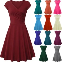 fashion elegant dress women solid color v neck short sleeve plated swing party banquet dresses 2021 summer cotton robe femme