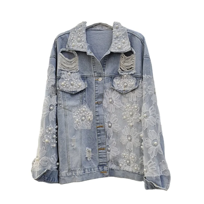 

Village Blue Denim Jacket Women 2021 Spring and Autumn New Beads Flowers Lace Mesh Coats Female Outwears Holes Casaco Feminino
