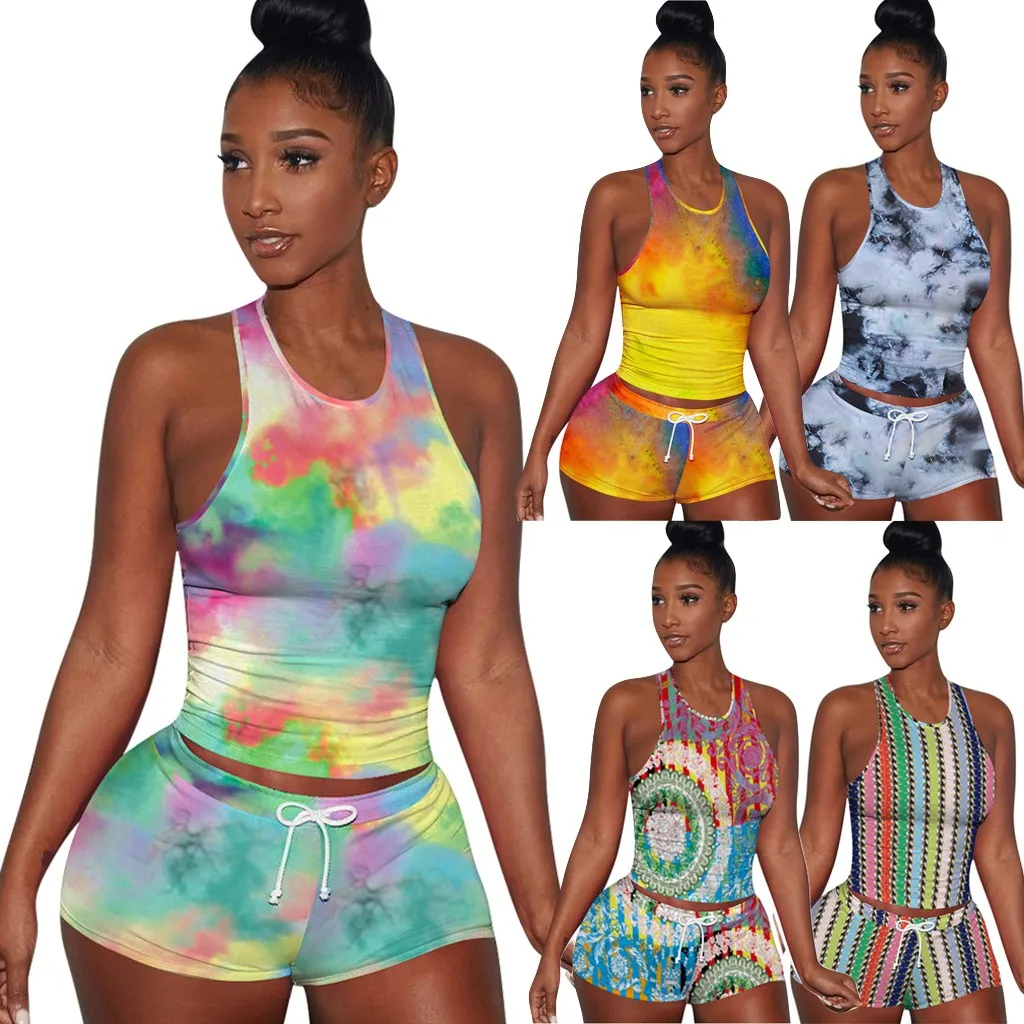 Tie-dye Print Cami Sexy Tank Top women Biker Shorts 2 Two Piece Set 2020 Summer Women Tracksuit Crop Tops streetwear femme | Женская