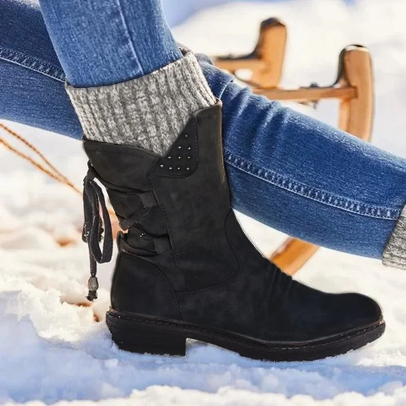 black Зимние ботинки модные женские ботинки до середины икры из pu искусственной кожи на молнии со шнуровкой сзади однотонная обувь на низком каблуке Женская обувь - Цвет: black