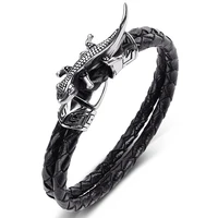 trendy double genuine leather braided bracelet men punk jewelry stainless steel lizard bangles male handmade wristband gift p546