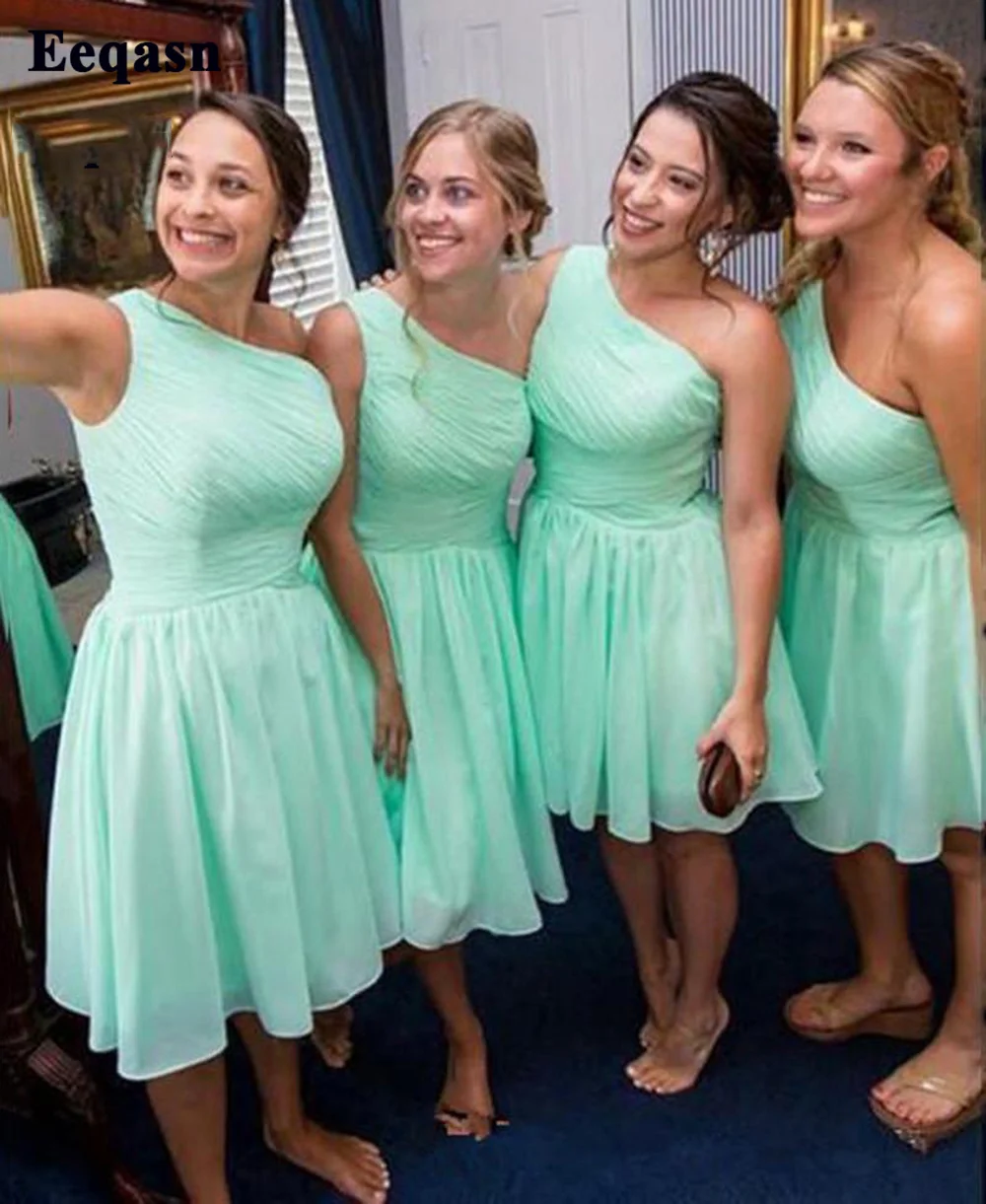 

Eeqasn мятно-зеленые шифоновые платья подружки невесты на одно плечо для свадебной вечеринки Короткие плиссированные Формальные женские плат...