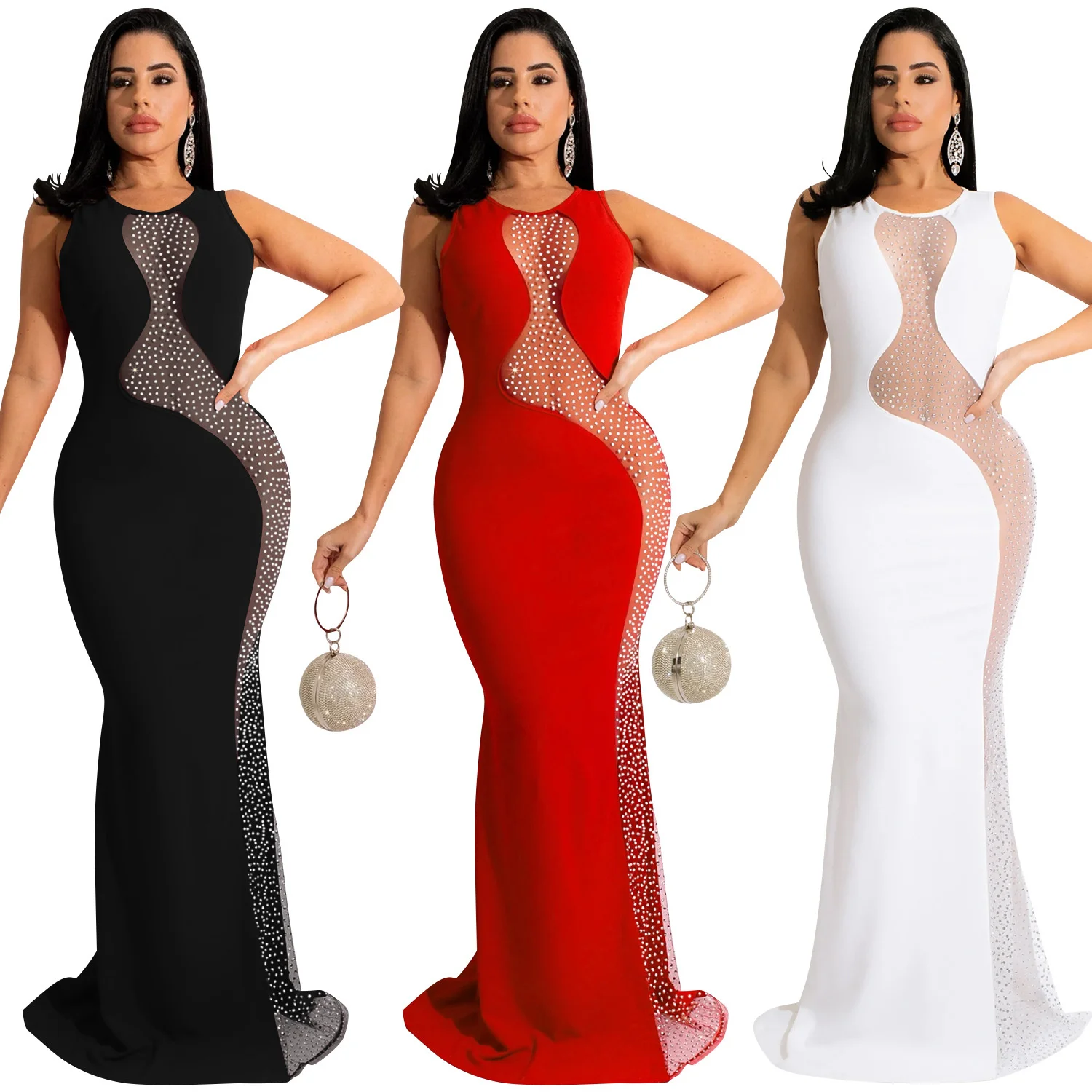 

Zoctuo Bodycon Dress Sheer Mesh Diomands Slim Floor Length Dresses For Women Sexy Club Party Night O-neck Robe Clothing Vetsidos