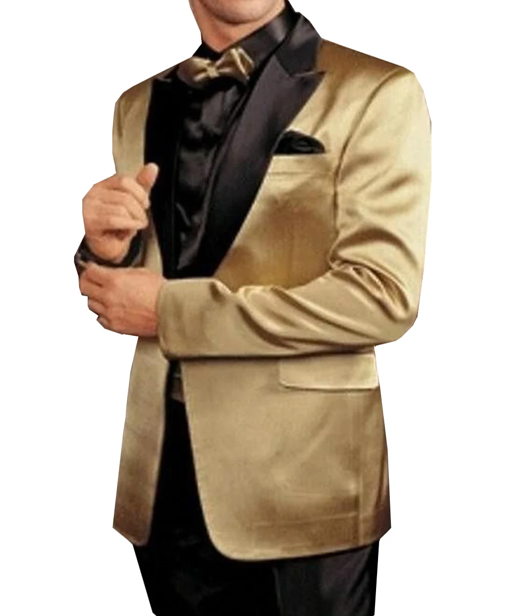 

Solovedress Fashion Satin Mens Suit Regular Fit 2 Pieces Peak Lapel Gold Solid Jacket Tuxedos Wedding Groom(Blazer+Pants)