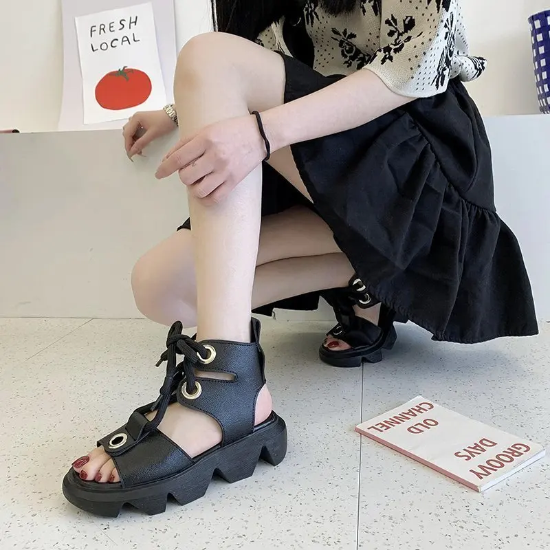 

Summer New Sandals Black Casual All-match High-top Shoes Wear-resistant Non-slip Flat Women's Shoes Open-toe Sandals Women
