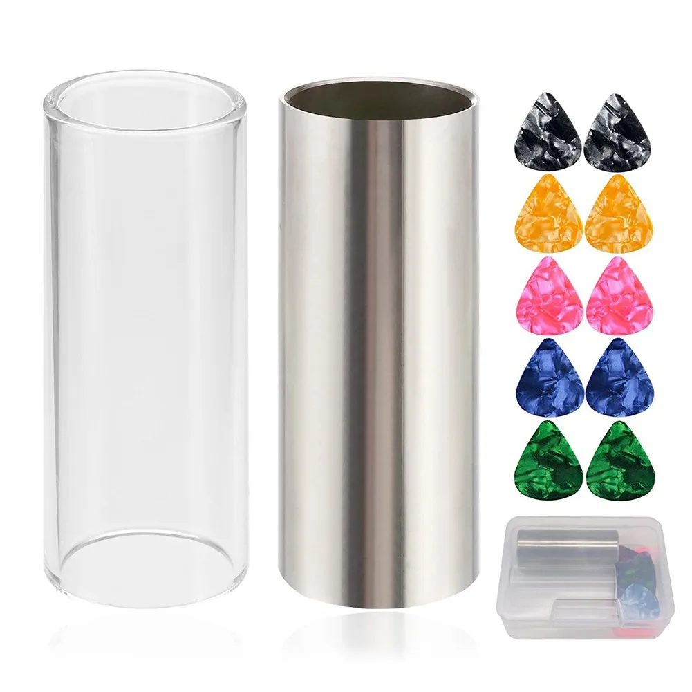 

2 Glass Bar Stainless Steel Slide Bars 10 Guitar Pick Box Sets Finger Slides For Guitar Ukulele String Instruments Bluesy Slide